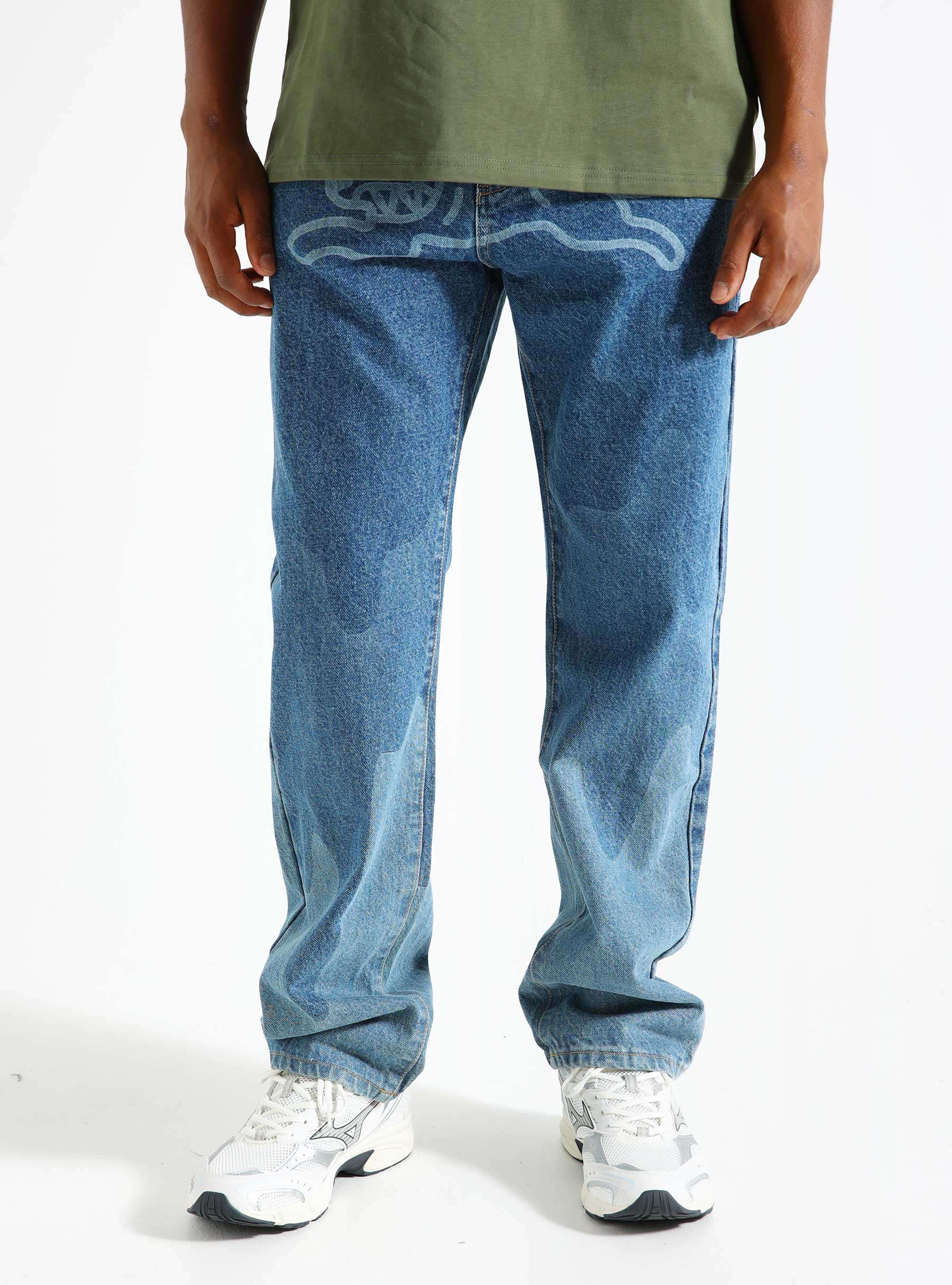 Running Dog Lazer Drip Denim Pant Mid Wash Blue IC24373