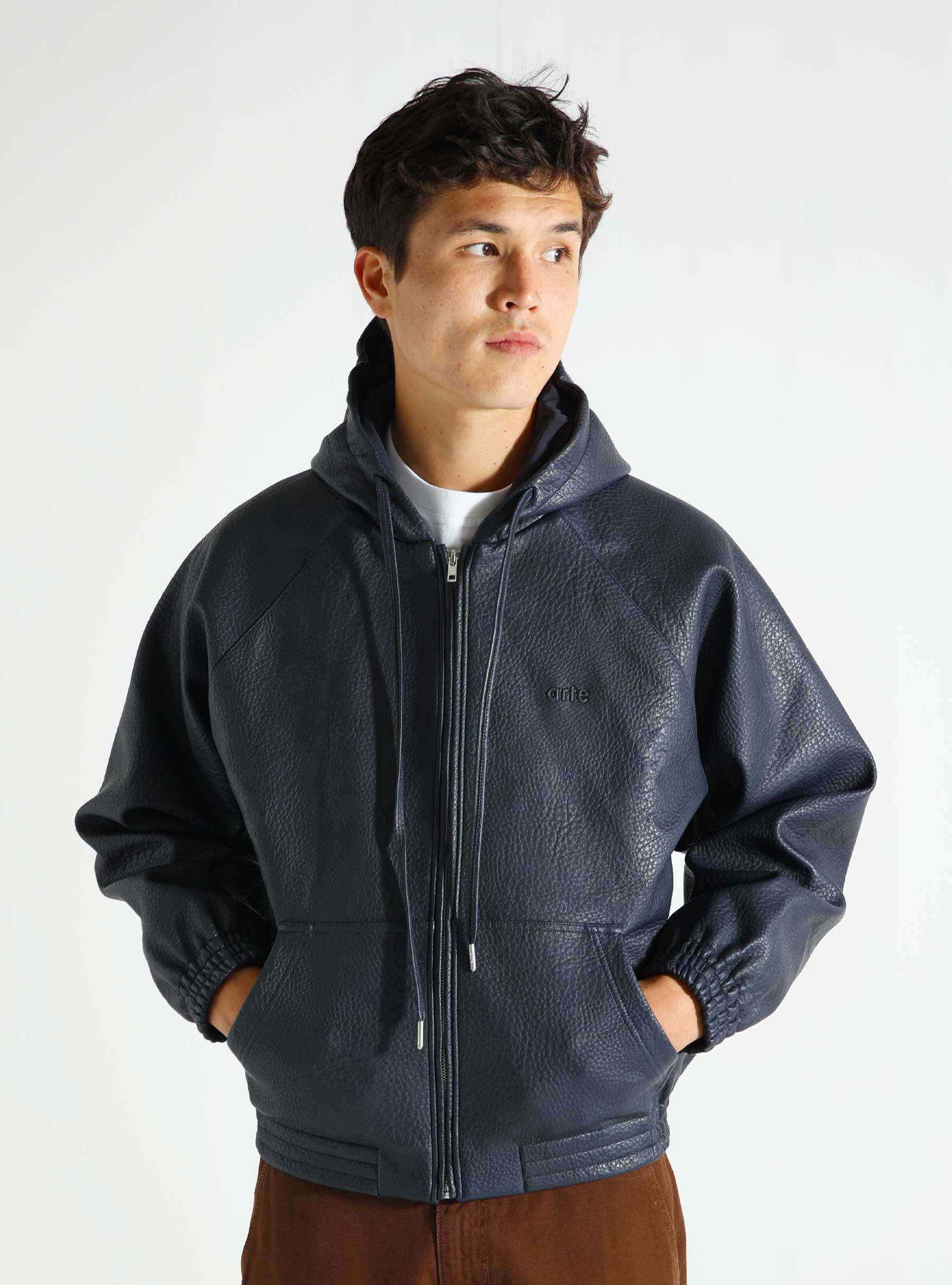 Leather Hooded Jacket Navy AW24-040J