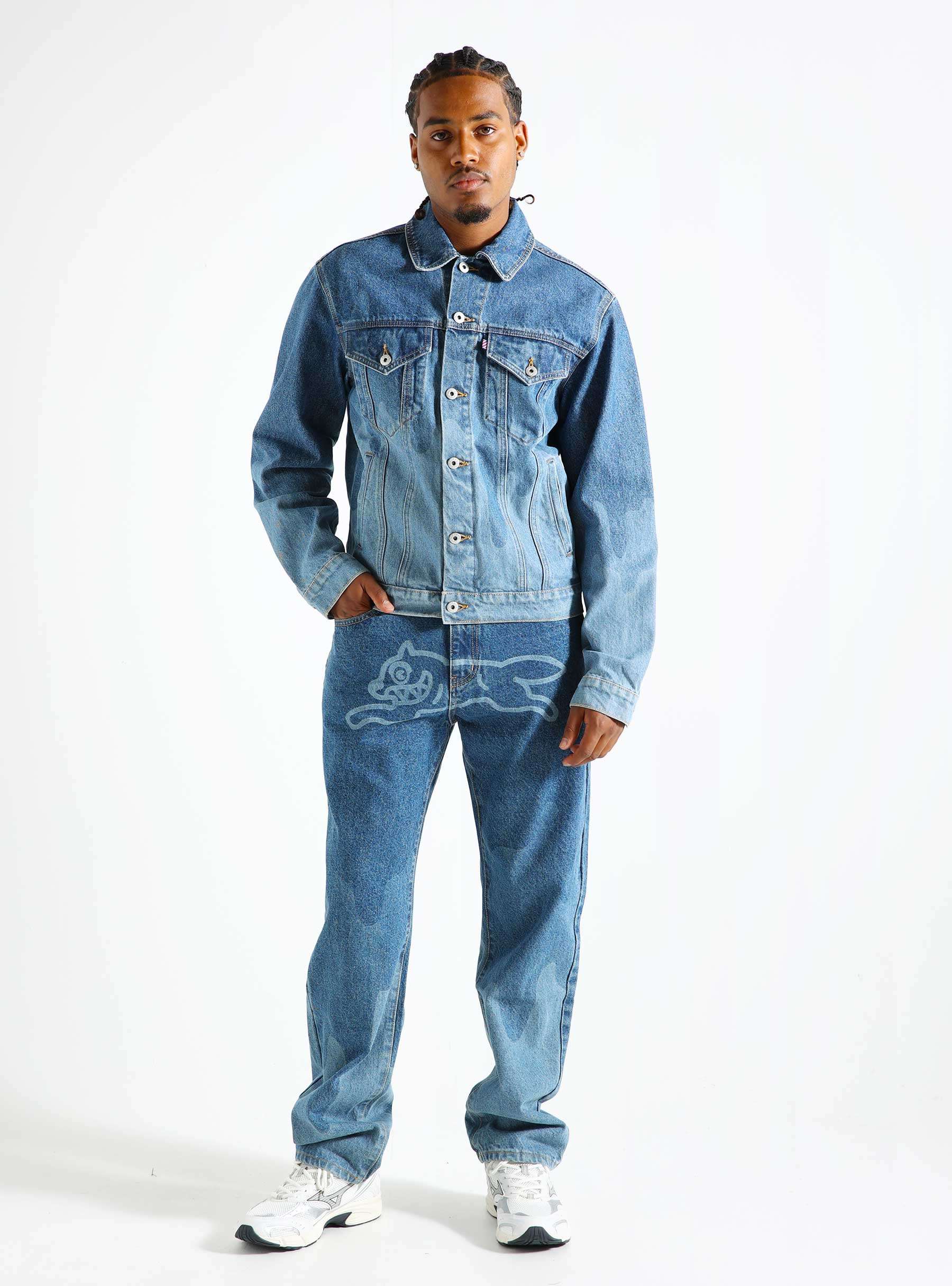 Lazer Drip Denim Trucker Jacket Mid Wash Blue IC24369