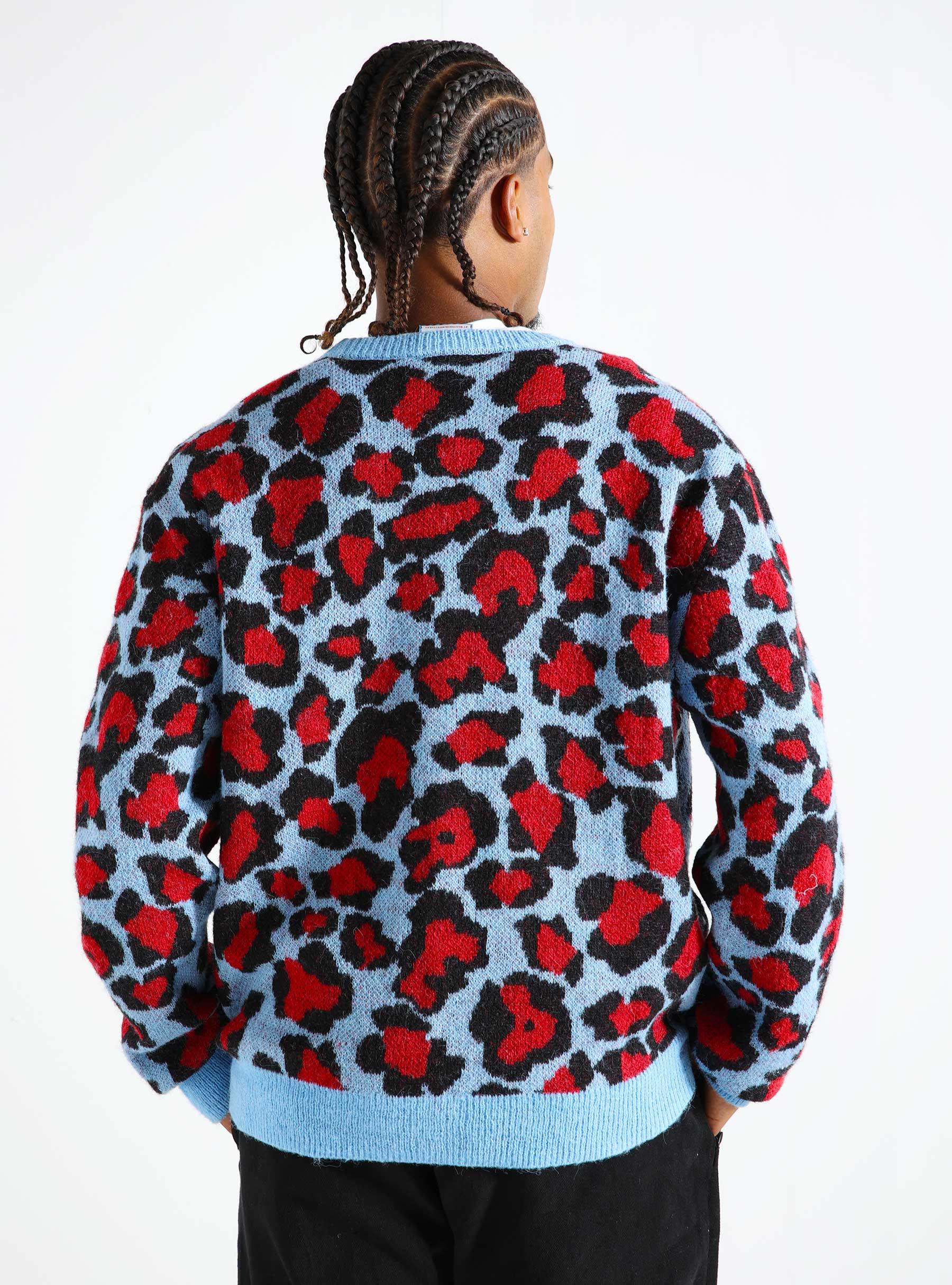 Leopard Print Knitted Cardigan Red Blue IC24324