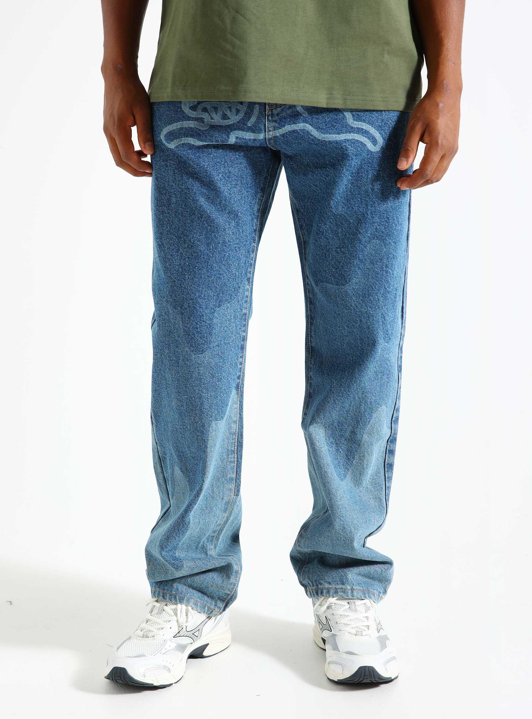 Running Dog Lazer Drip Denim Pant Mid Wash Blue IC24373