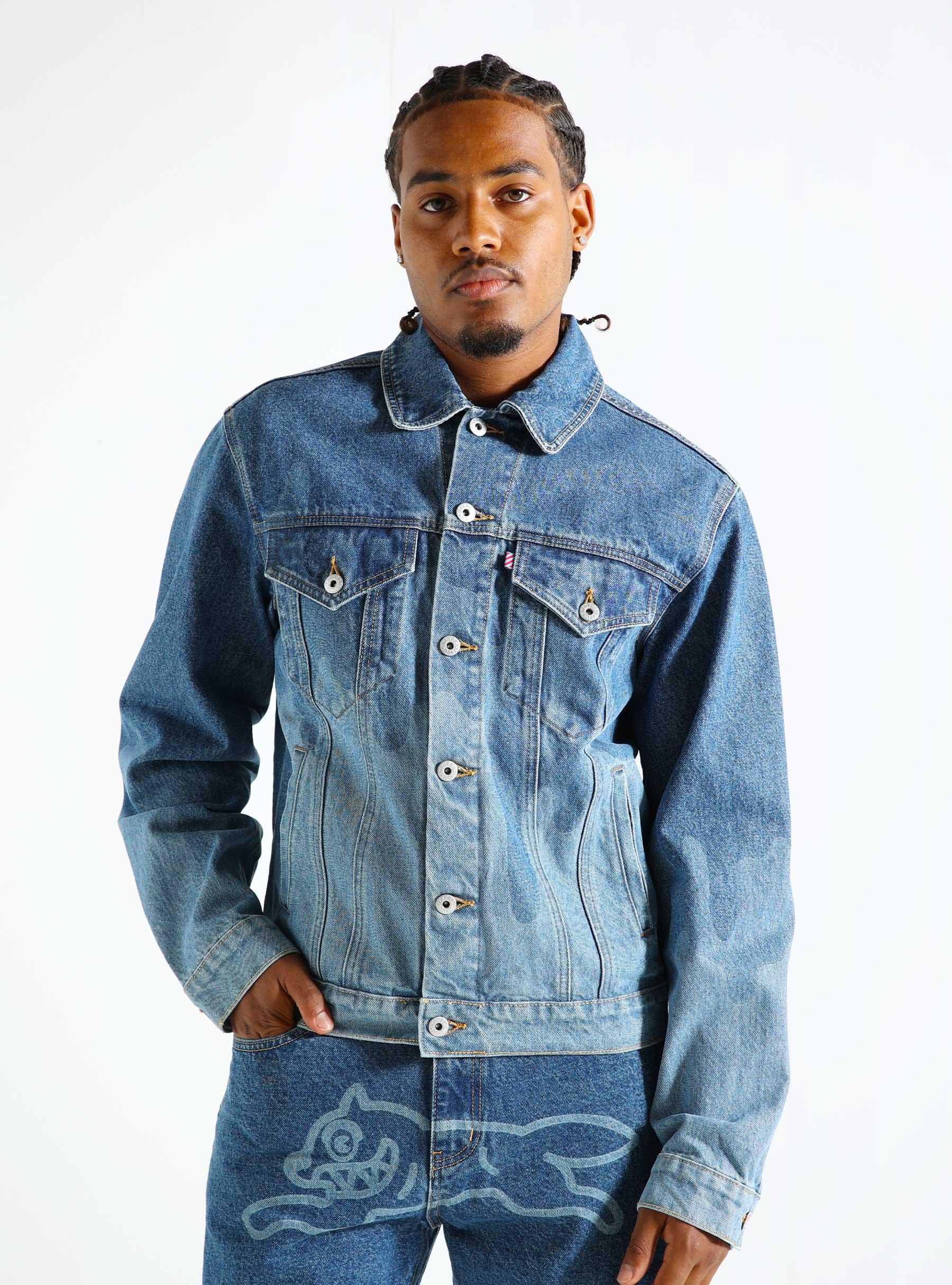 Lazer Drip Denim Trucker Jacket Mid Wash Blue IC24369