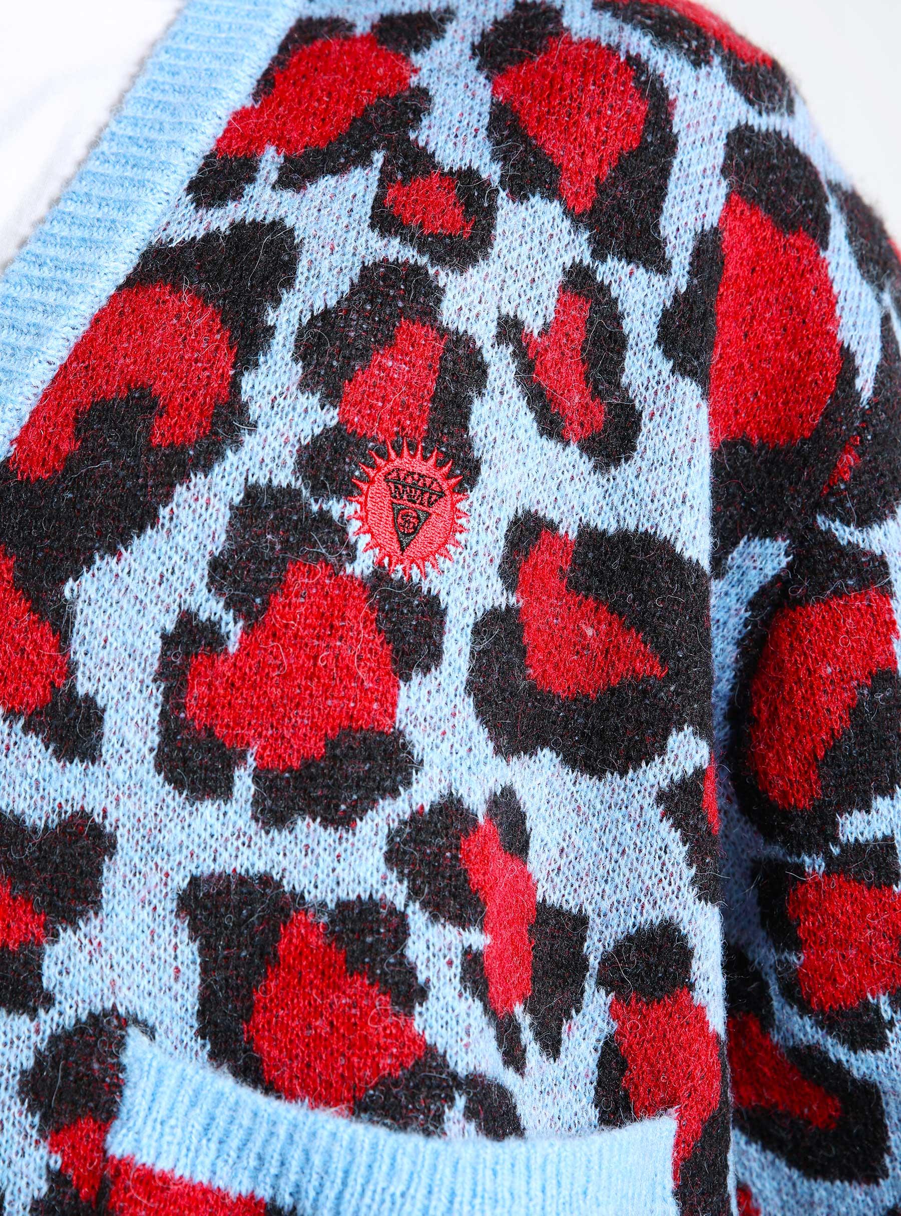 Leopard Print Knitted Cardigan Red Blue IC24324