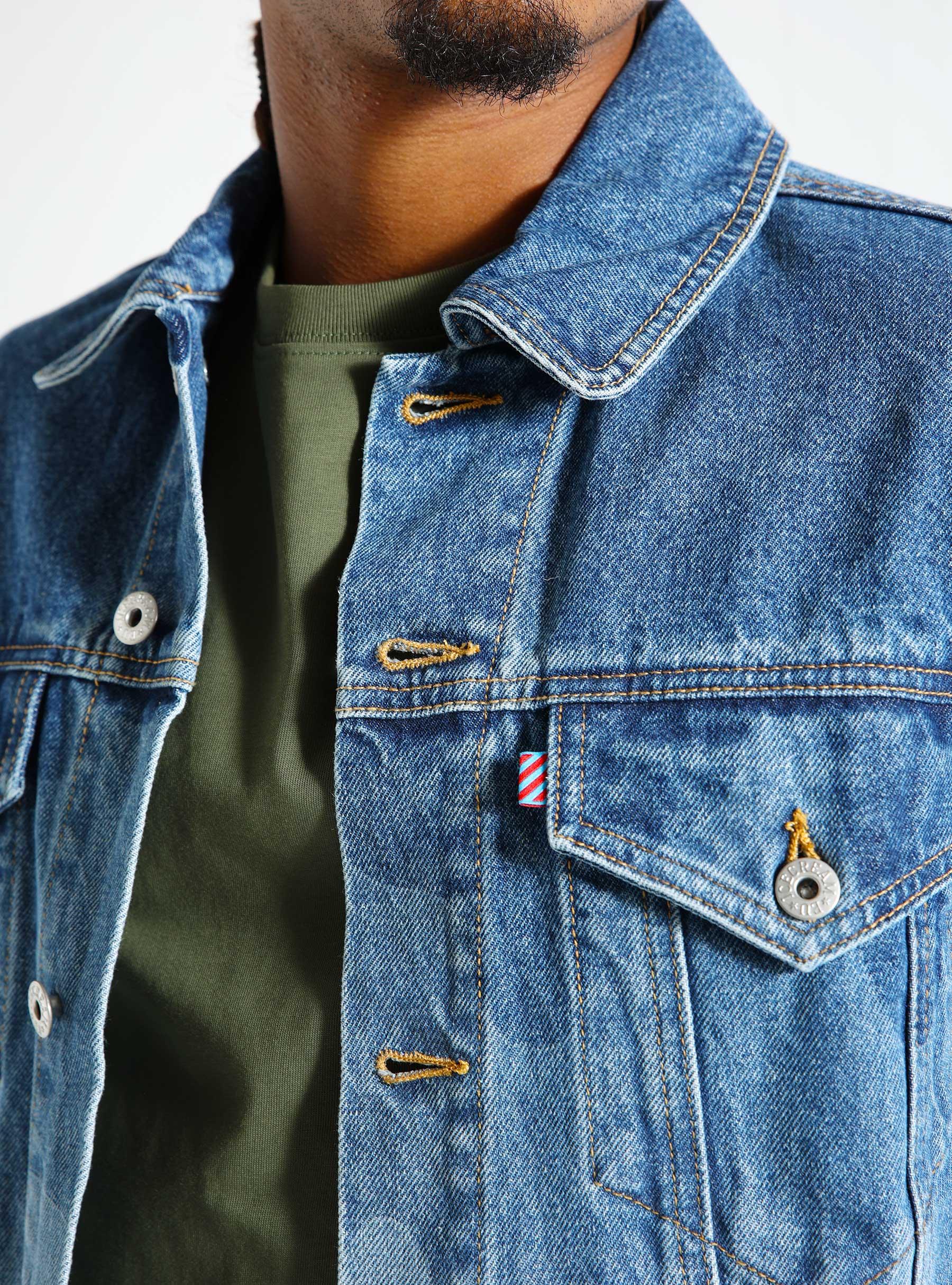 Lazer Drip Denim Trucker Jacket Mid Wash Blue IC24369