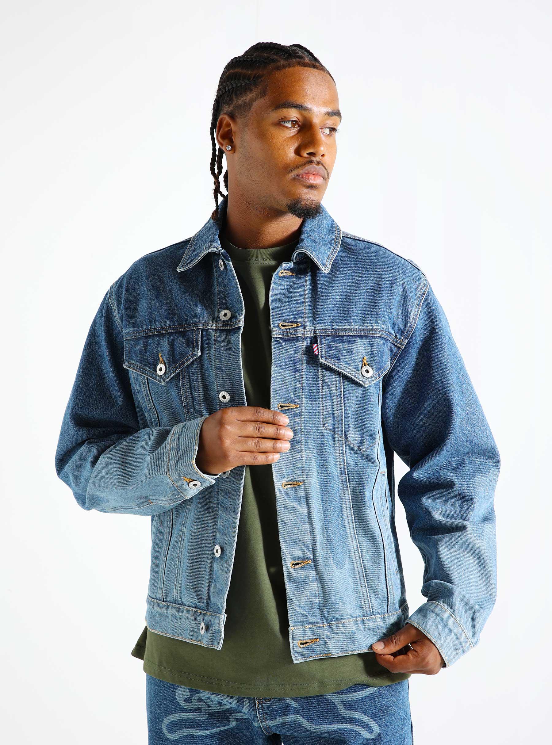 Lazer Drip Denim Trucker Jacket Mid Wash Blue IC24369