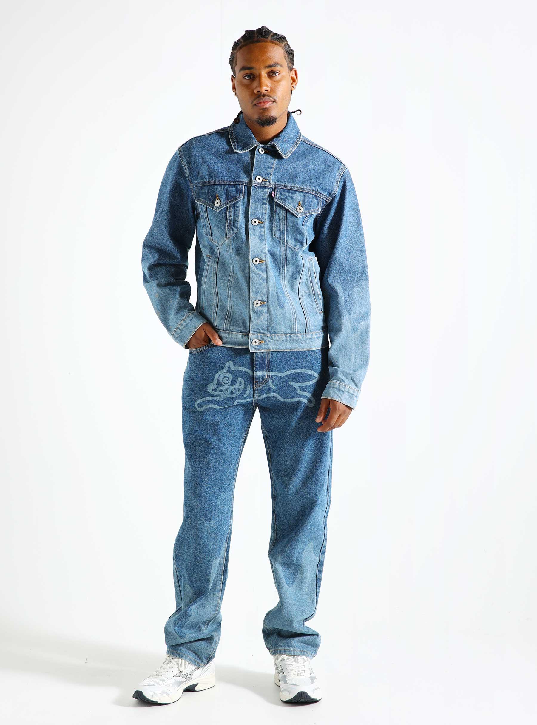 Lazer Drip Denim Trucker Jacket Mid Wash Blue IC24369