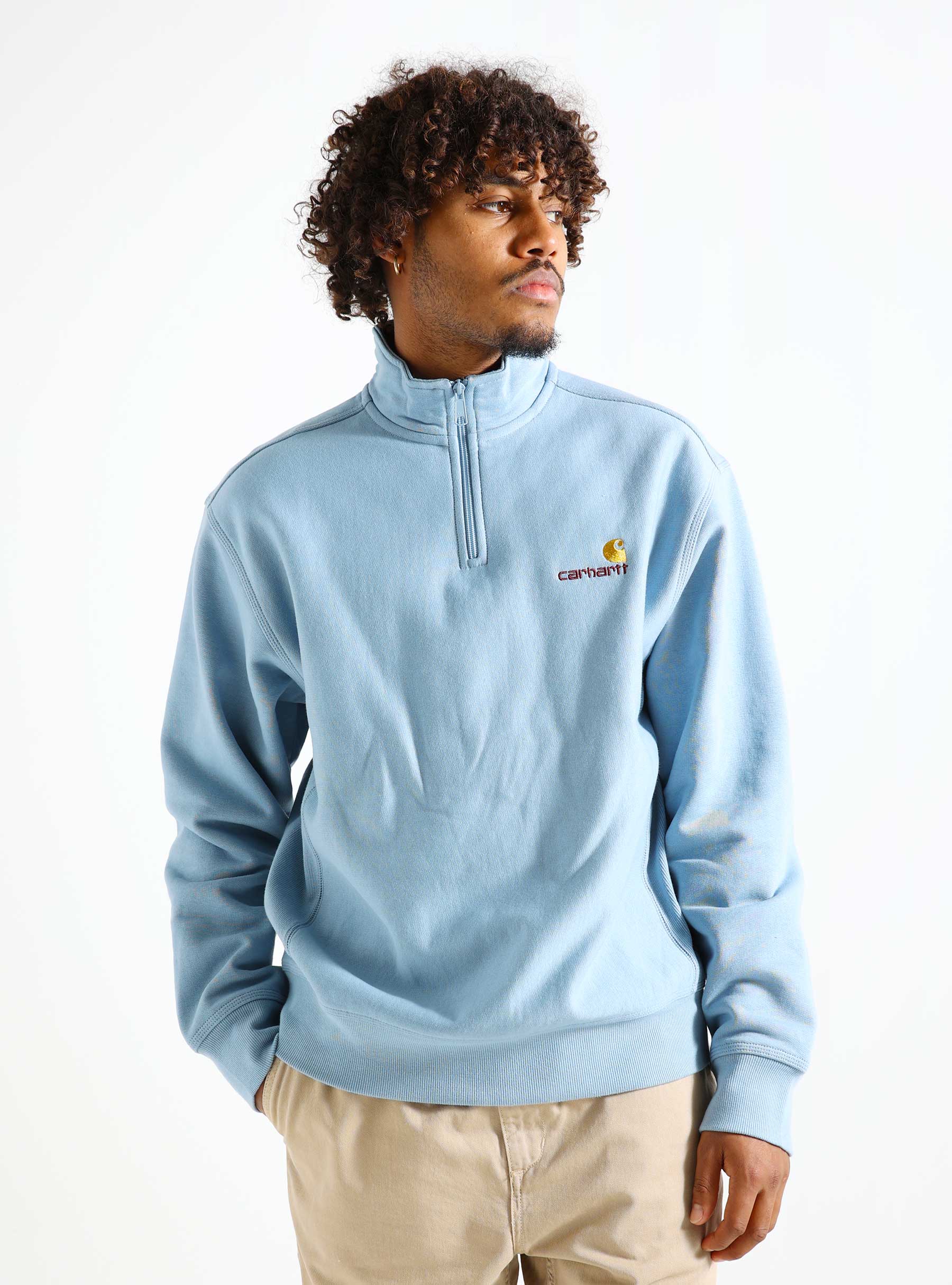 Carhartt WIP Half Zip American Script Sweater Frosted Blue I027014-0F4XX