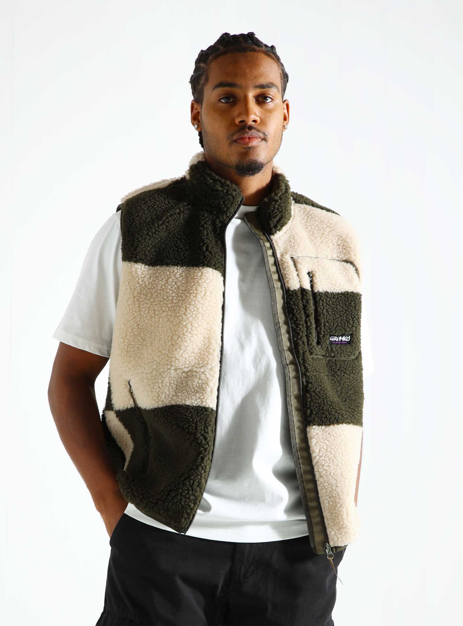 Gramicci Checkered Sherpa Vest Natural Olive Check G4FU-J021