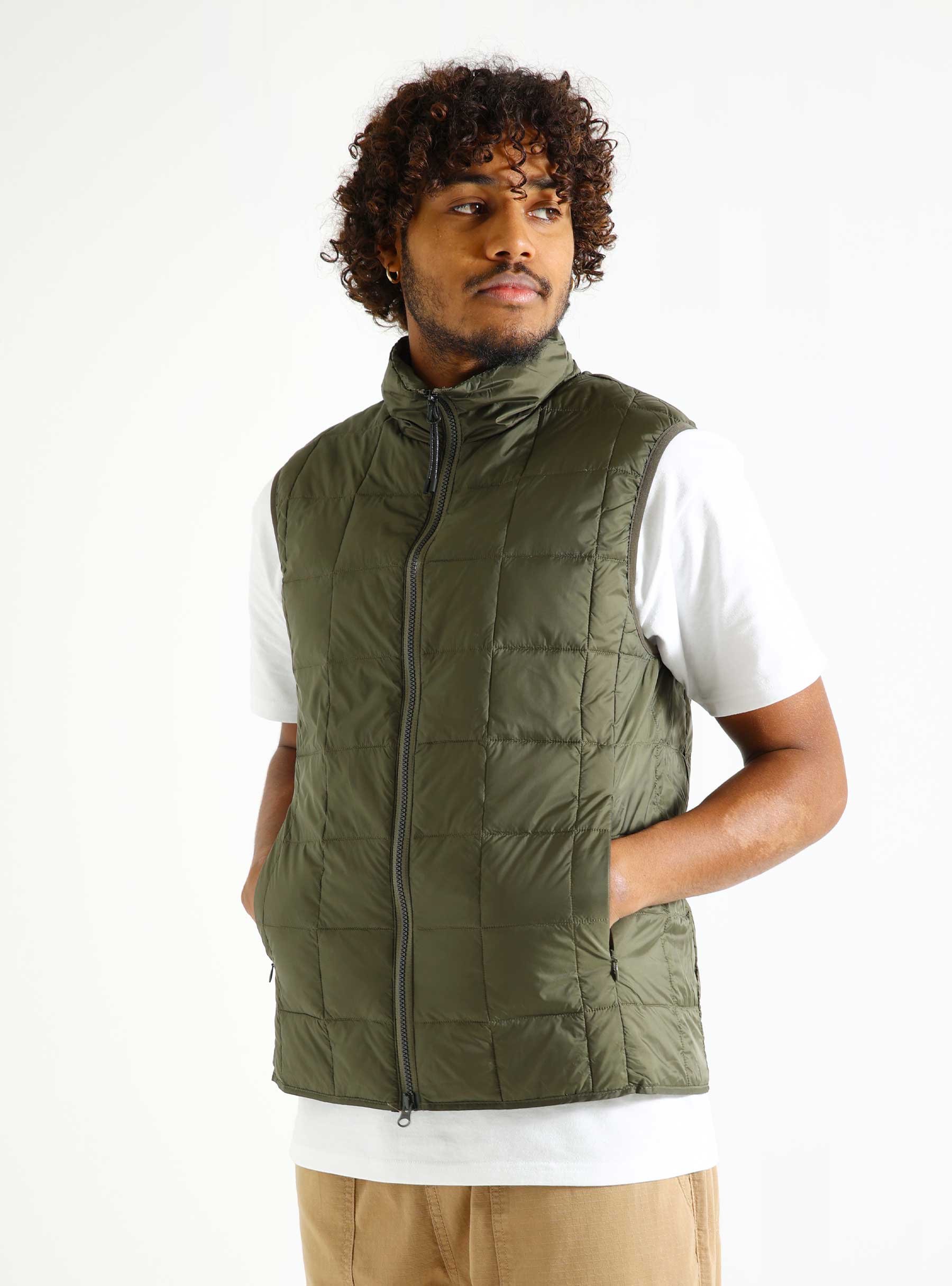 Taion Hi Neck W-Zip Down Vest Dark Olive TAION-002WZ-DO